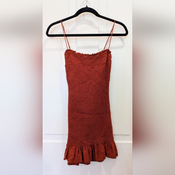 Abercrbie & Fitch Linen Blend Burnt Orange Smocked Mini Dress | Xs Petite - Picture 3 of 6